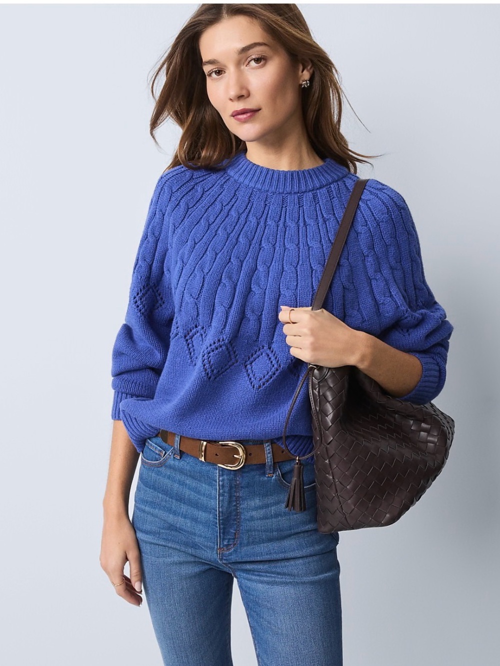 Ann Taylor Royal Blue Cable-Yoke Crewneck Sweater